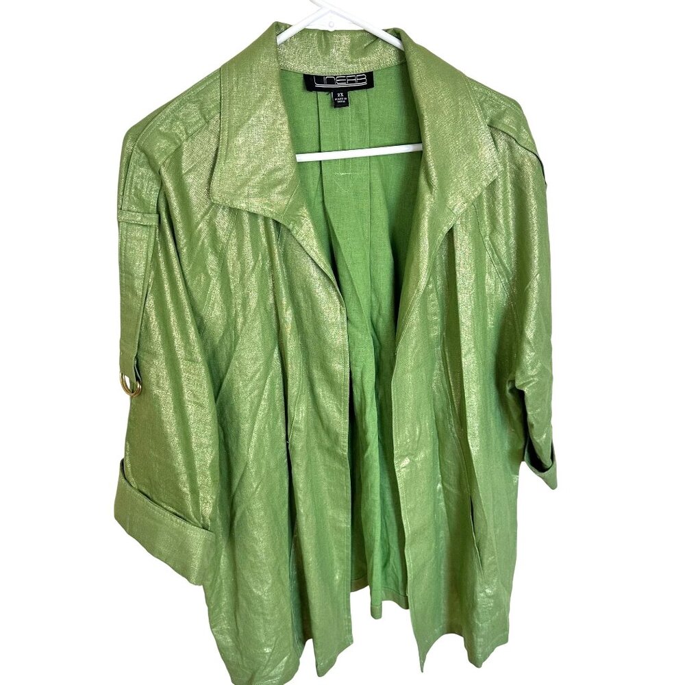 Linear Womens Lime Green Cardigan Linen Blend Jacket 2X India Open Front Pockets